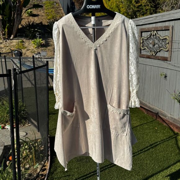 Origami boho lace sleeve pull over dress Nylon/spandex  Xl beige Cotagecore - Picture 2 of 13
